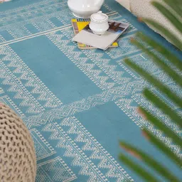 Peepul Tree Teal and Cream Colored Mandana Block Printed Cotton Carpet image 4