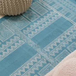 Peepul Tree Teal and Cream Colored Mandana Block Printed Cotton Carpet image 5