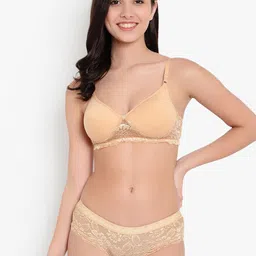 KYODO Women Beige Self Design Lingerie Set KYODO_BRPan_LaceSet1_Bei-image-58