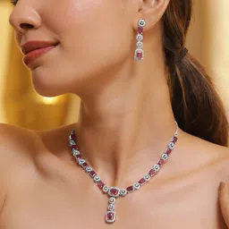 Rubans Rhodium Plated Ruby & Cubic Zicronia Studded Premium Drop Jewellery Set-9