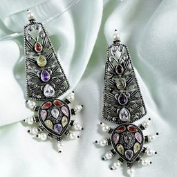 MANSIYAORANGE Rhodium-Plated Floral German Silver Oxidized Drop Earrings-3