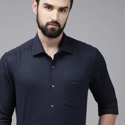 Arrow Men Navy Blue Manhattan Slim Fit Checked Opaque Self Design Pure Cotton Formal Shirt-image-33