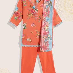 Biba Girls Orange & Blue Floral Printed Straight Kurta with Trousers & With Dupatta-image-23