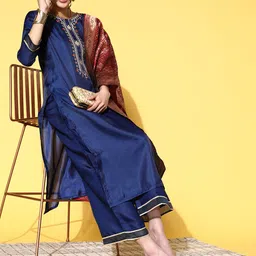 Indo Era Women Navy Blue Ethnic Motifs Woven Design Sequined Kurta with Trousers & Dupatta-picture-49