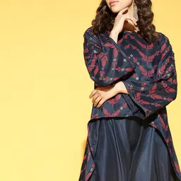 Sangria Women Navy Blue & Maroon Ethnic Motifs Printed Regular Kurti with Dhoti Pants-image-40