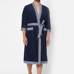 SPACES Dark-Blue Solid 400GSM Pure Cotton Bath Robe-19
