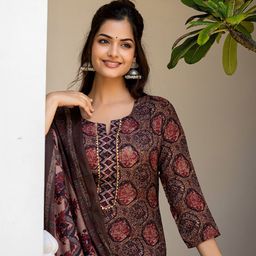 KALINI Geometric Printed Notch Neck Kurta With Trousers & Dupatta image 1