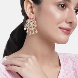 Peora Pink & Gold-Toned Circular Stone Studded & Beaded Drop Earrings-image-34