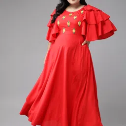YASH GALLERY Plus Size Red Ethnic Motifs Embroidered Flutter Sleeves Maxi Dress image 1