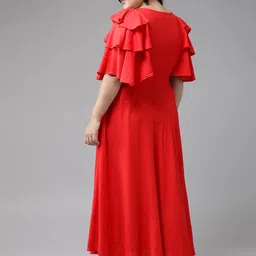 YASH GALLERY Plus Size Red Ethnic Motifs Embroidered Flutter Sleeves Maxi Dress image 4