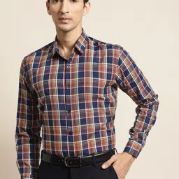 SOJANYA Men Navy Blue & Rust Red Cotton Classic Fit Checked Formal Shirt-image-90