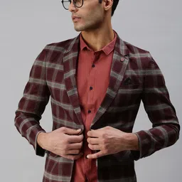 SHOWOFF Men Maroon & Grey Checked Printed Single-Breasted Slim-Fit Casual Blazer-picture-2