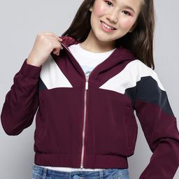 M&H Juniors Girls Maroon White & Grey Colourblocked Bomber Jacket-image-32