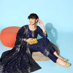 Kvsfab Women Navy Blue Ethnic Motifs Kurta with Trousers & With Dupatta-image-46
