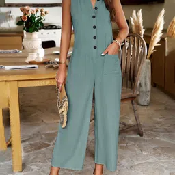Mast & Harbour Mandarin Collar Sleeveless Pure Cotton Basic Jumpsuit-picture-15
