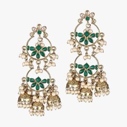 Adwitiya Collection Gold-Plated Green & White Stone-Studded Jhumkas Earrings image 5