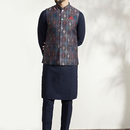 KISAH Mandarin Collar Regular Kurta with Trousers And Printed Nehru Jacket image 2