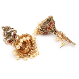 Anouk Gold-Toned Kundan Studded Peacock Shaped Meenakari Jhumkas image 3
