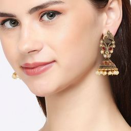 Anouk Gold-Toned Kundan Studded Peacock Shaped Meenakari Jhumkas image 4