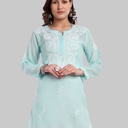 ADA Sea Floral Embroidered Chikankari Pure Cotton Straight Kurti-image-83