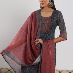 Libas Blue and Red Ethnic Motifs Printed Sequinned Straight Kurta with Trouser & Dupatta-4