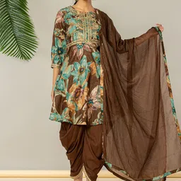 Yufta Women Floral Printed Regular Thread Work Pure Cotton Kurta with Dhoti Pants & With Dupatta-picture-3
