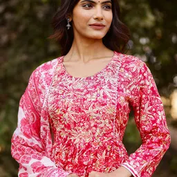 Anouk Women Floral Printed Regular Thread Work Pure Cotton Kurta with Trousers & With Dupatta-image-30