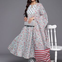 Libas Women Floral Printed Pleated Gotta Patti Pure Cotton Kurta with Trousers & Dupatta-picture-40