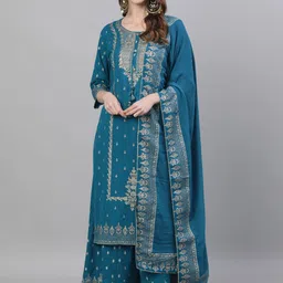 Ishin Women Teal Embroidered Regular Sequinned Pure Cotton Kurta with Sharara & With Dupatta-20