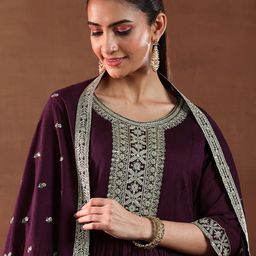 Libas Burgundy Ethnic Motifs Yoke Design Pleated Sequinned Kurta with Trouser & Dupatta-4