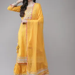 Ishin Women Mustard Yellow Embroidered Regular Gotta Patti Kurta with Sharara & With Dupatta-image-23