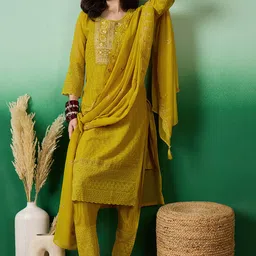Sangria Embroidered Sequence Mirror Work Schiffli A-Line Kurta With Trouser & Dupatta image 2