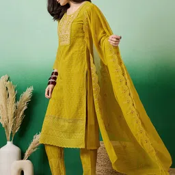 Sangria Embroidered Sequence Mirror Work Schiffli A-Line Kurta With Trouser & Dupatta image 4