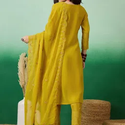 Sangria Embroidered Sequence Mirror Work Schiffli A-Line Kurta With Trouser & Dupatta image 3