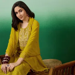Sangria Embroidered Sequence Mirror Work Schiffli A-Line Kurta With Trouser & Dupatta image 5