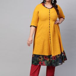 YASH GALLERY Plus Size Women Mustard Yellow & Black Solid A-Line Kurta-image-71