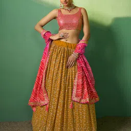 Fusionic Mustard & Pink Embroidered Sequinned Semi-Stitched Lehenga & Unstitched Blouse With Dupatta-picture-0