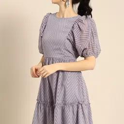 Athena Serene Lavender Dobby Pattern Power Shoulders Geometric A-Line Dress image 3