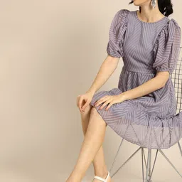Athena Serene Lavender Dobby Pattern Power Shoulders Geometric A-Line Dress image 5