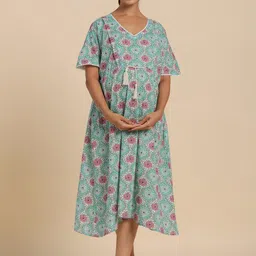 Ikk Kudi by Seerat Floral Printed V-Neck Pure Cotton Maternity Feeding A-Line Midi Dress-picture-21