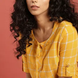 Taavi Women Mustard Yellow Checked South Cotton Woven Legacy A-Line Sustainable Pure Cotton Top-45