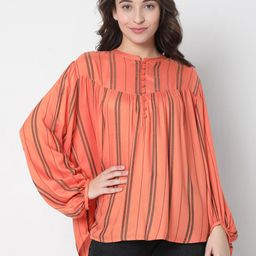 Vero Moda Orange Striped Mandarin Collar Pure Cotton High-Low Top-image-51