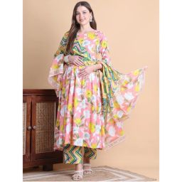Secret Wish Pink Floral Cotton Maternity Anarkali Pant with Dupatta (Set of 3)-picture-24