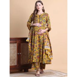 Secret Wish Mustard Yellow Floral Cotton Maternity Anarkali Pant with Dupatta (Set of 3)-picture-36