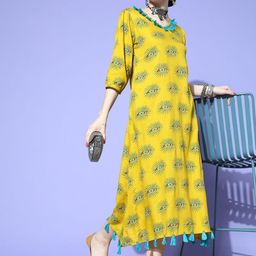 Sangria Mustard Yellow & Blue Ethnic Motifs Ethnic Straight Midi Dress-picture-23