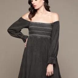 Label Ritu Kumar Charcoal Grey Smocked Off-Shoulder Dress-image-31