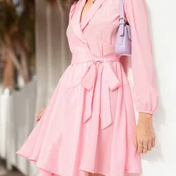 DressBerry Glow & Glam Shawl Collar Puff Sleeve Wrap Belted Mini Dress-picture-4