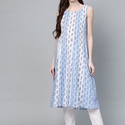 anayna Women Blue & White Ethnic Motifs Screen Print A-Line Maternity & Nursing Kurta-54