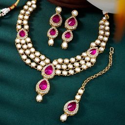 Peora Gold Plated Traditional Pink Kundan Necklace Earring Maang Tikka Jewellery Set-52