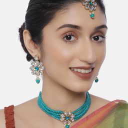 LAIDA Women Gold-Plated & Turquoise Blue Jewellery Set With Maangtika-10